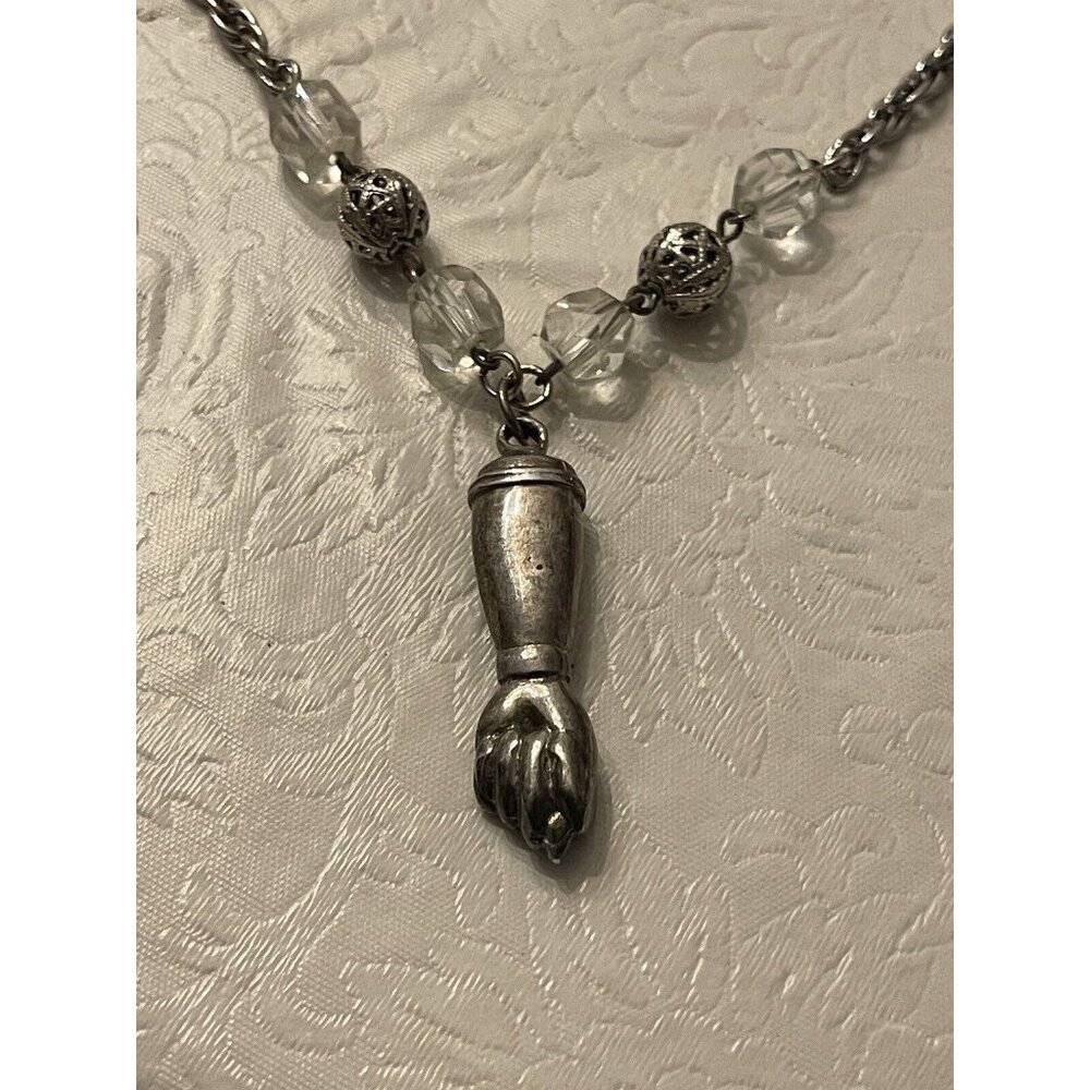 Freirich Necklace Hand Pendant Silver Tone Crystal Filigree Beads 18”